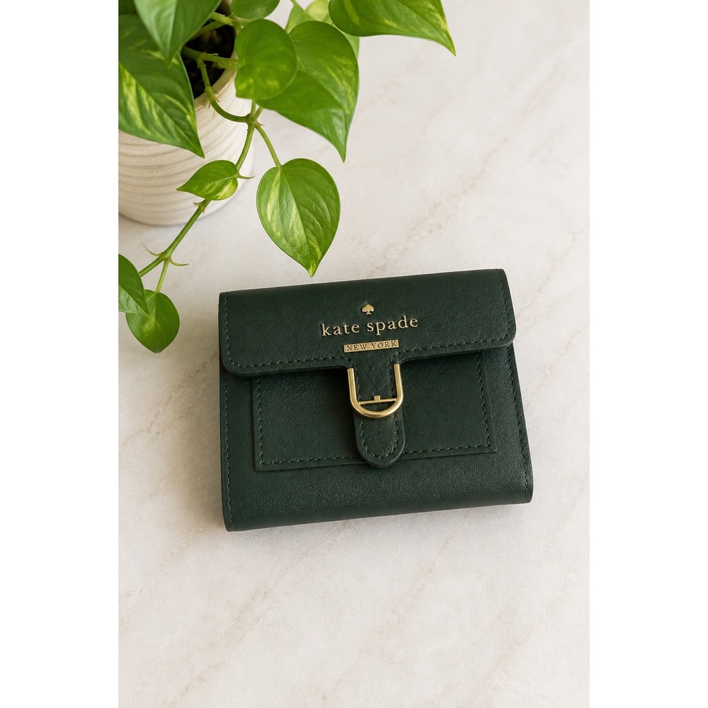 Kate Spade Emerald Green Small Trifold Wallet Gold Logo Compact Card Holder